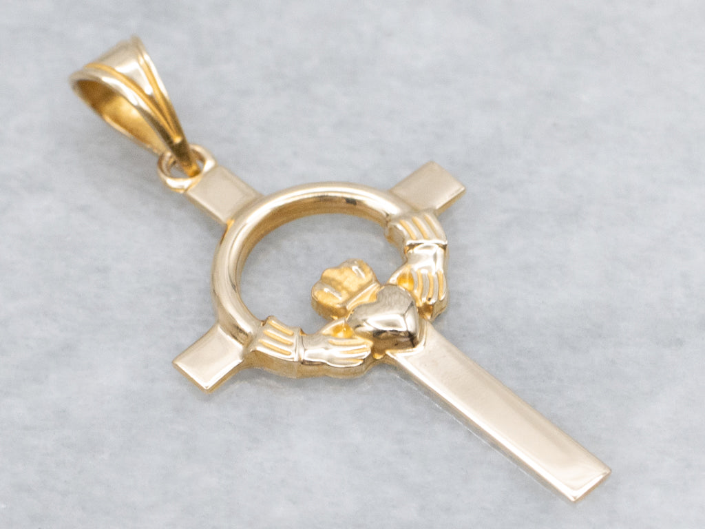 Unisex Yellow Gold Claddagh Cross Pendant