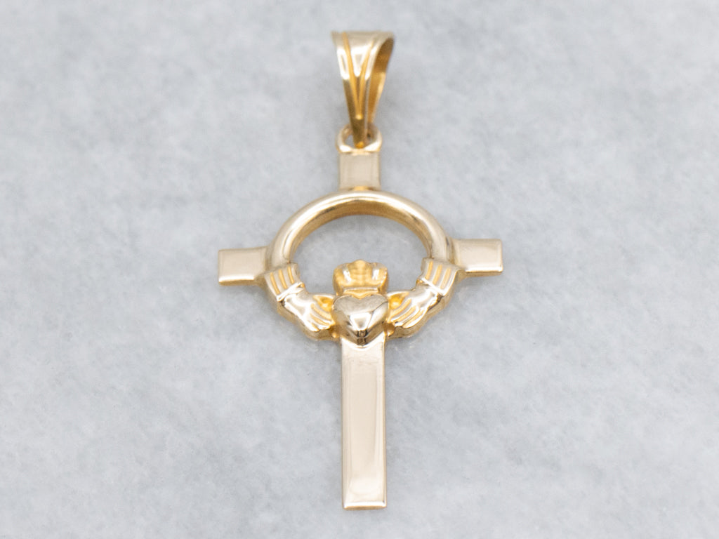 Unisex Yellow Gold Claddagh Cross Pendant