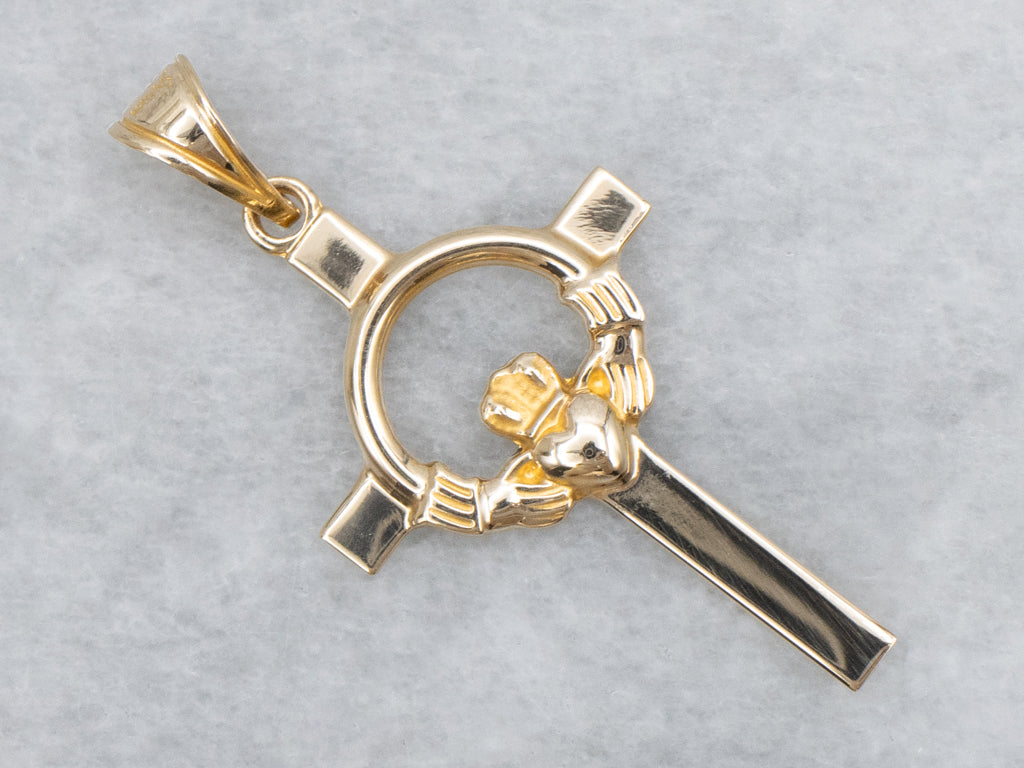 Unisex Yellow Gold Claddagh Cross Pendant