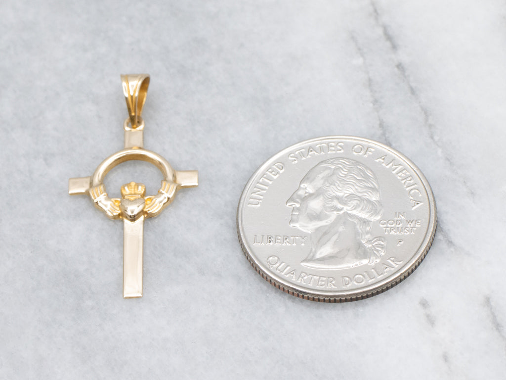 Unisex Yellow Gold Claddagh Cross Pendant