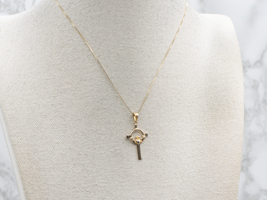 Unisex Yellow Gold Claddagh Cross Pendant