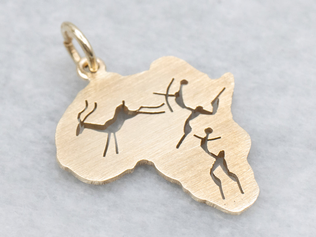 African Continent Hunter and Antelope Pendant in Gold