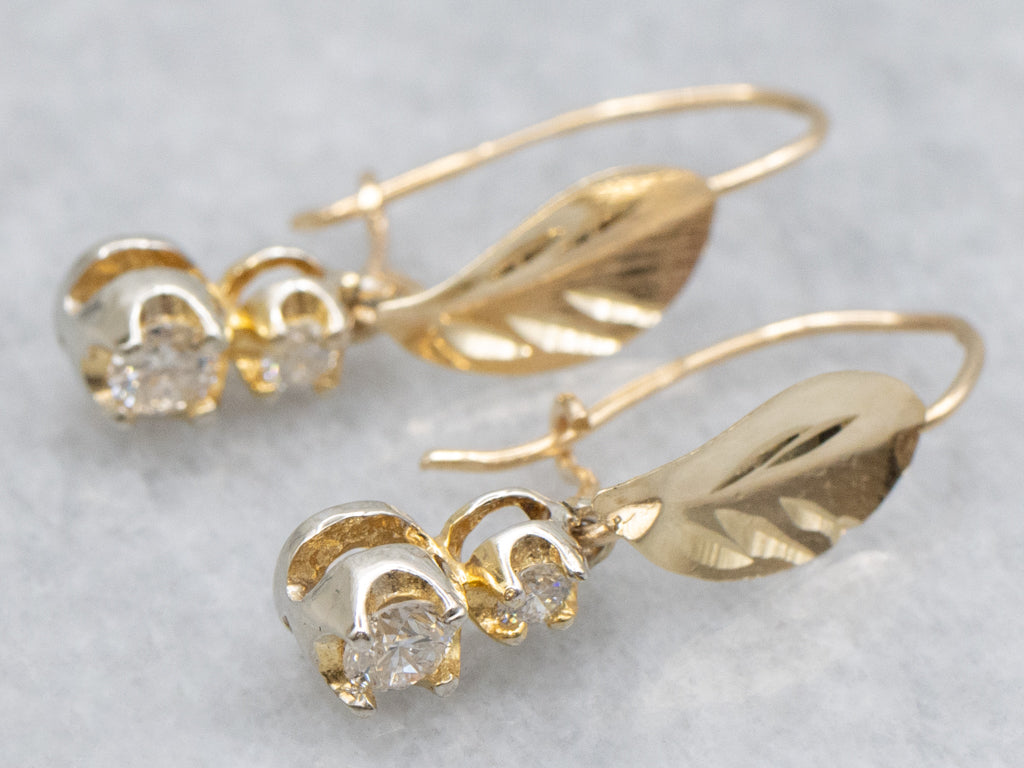 Botanical Double Diamond Yellow Gold Drop Earrings