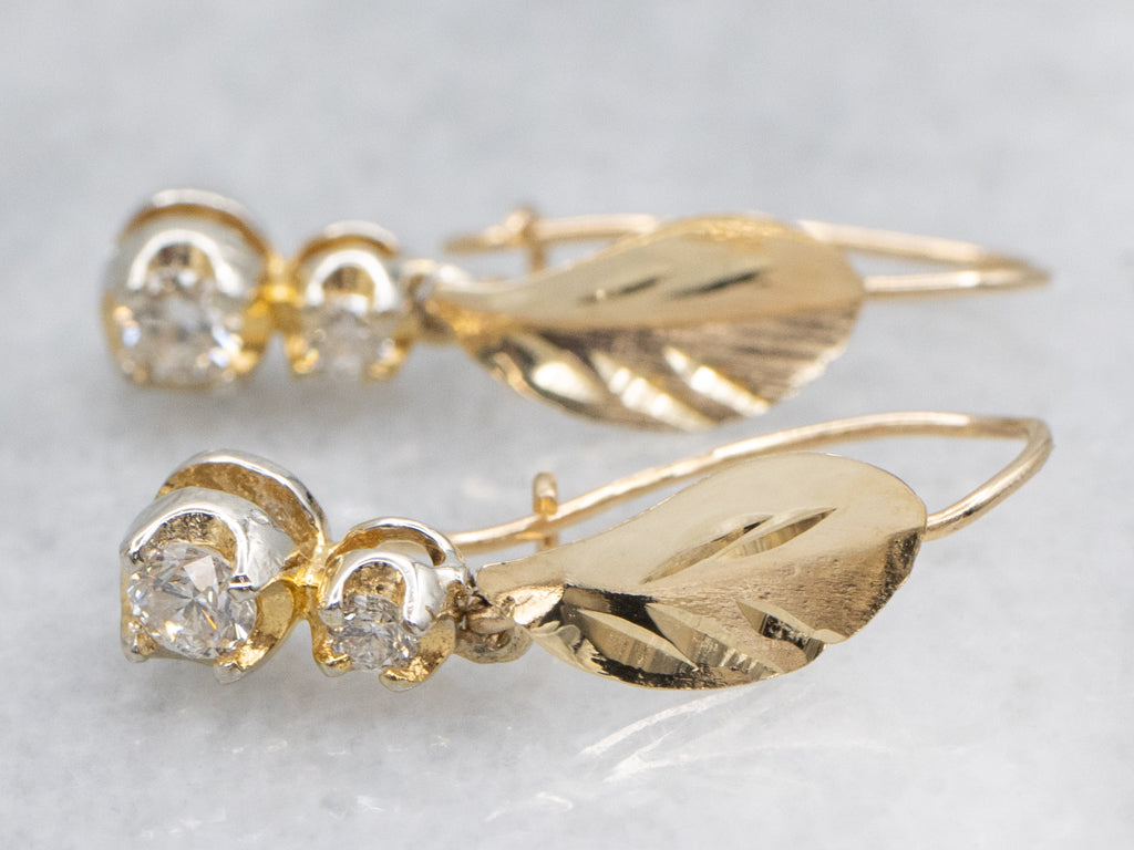 Botanical Double Diamond Yellow Gold Drop Earrings