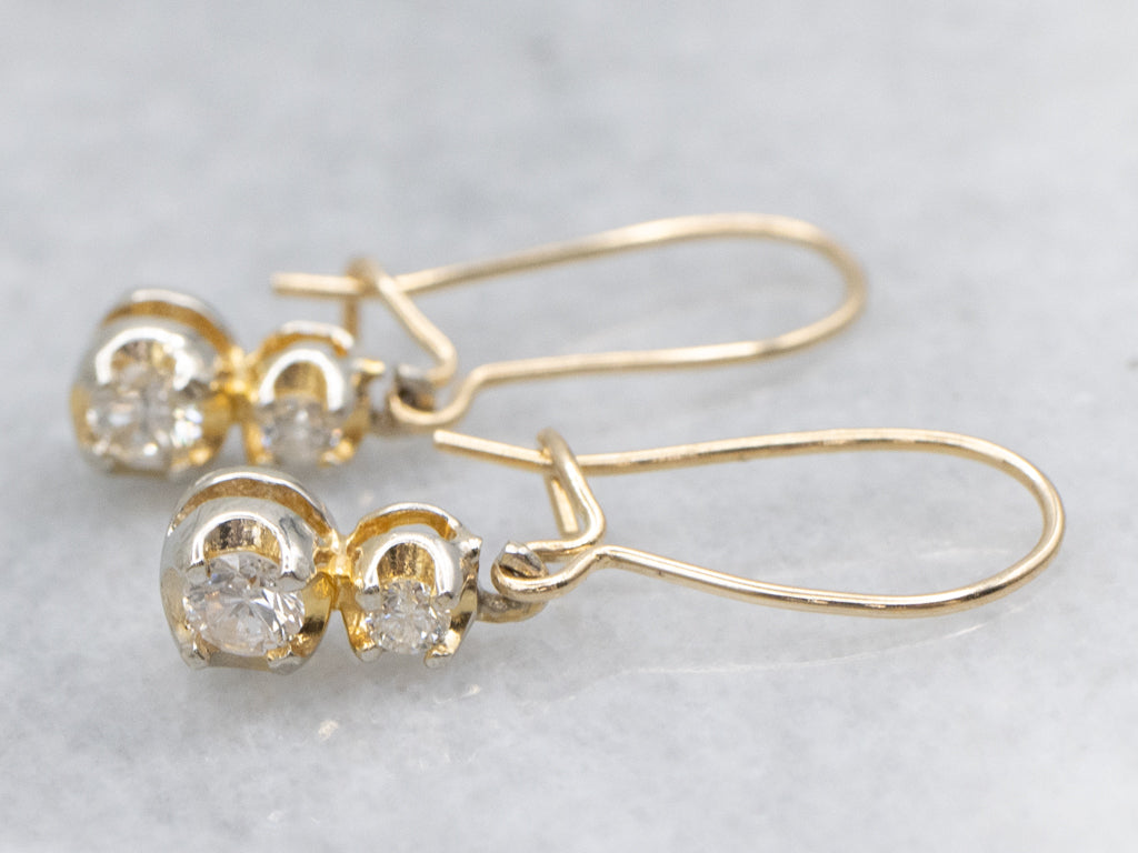 Double Diamond Yellow Gold Dangle Earrings