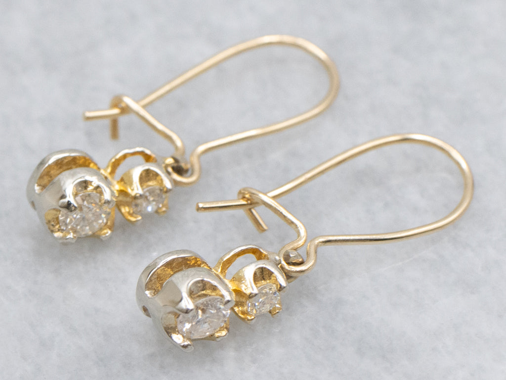 Double Diamond Yellow Gold Dangle Earrings