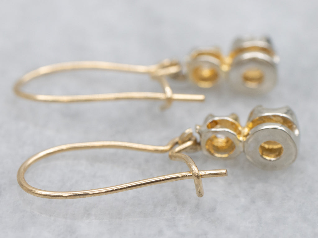 Double Diamond Yellow Gold Dangle Earrings