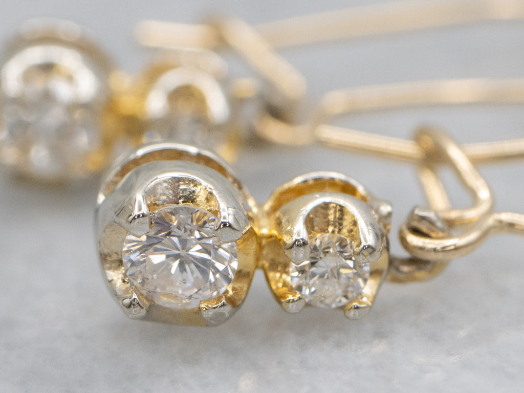Double Diamond Yellow Gold Dangle Earrings