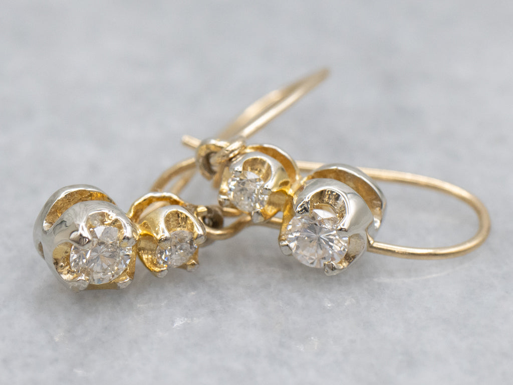 Double Diamond Yellow Gold Dangle Earrings