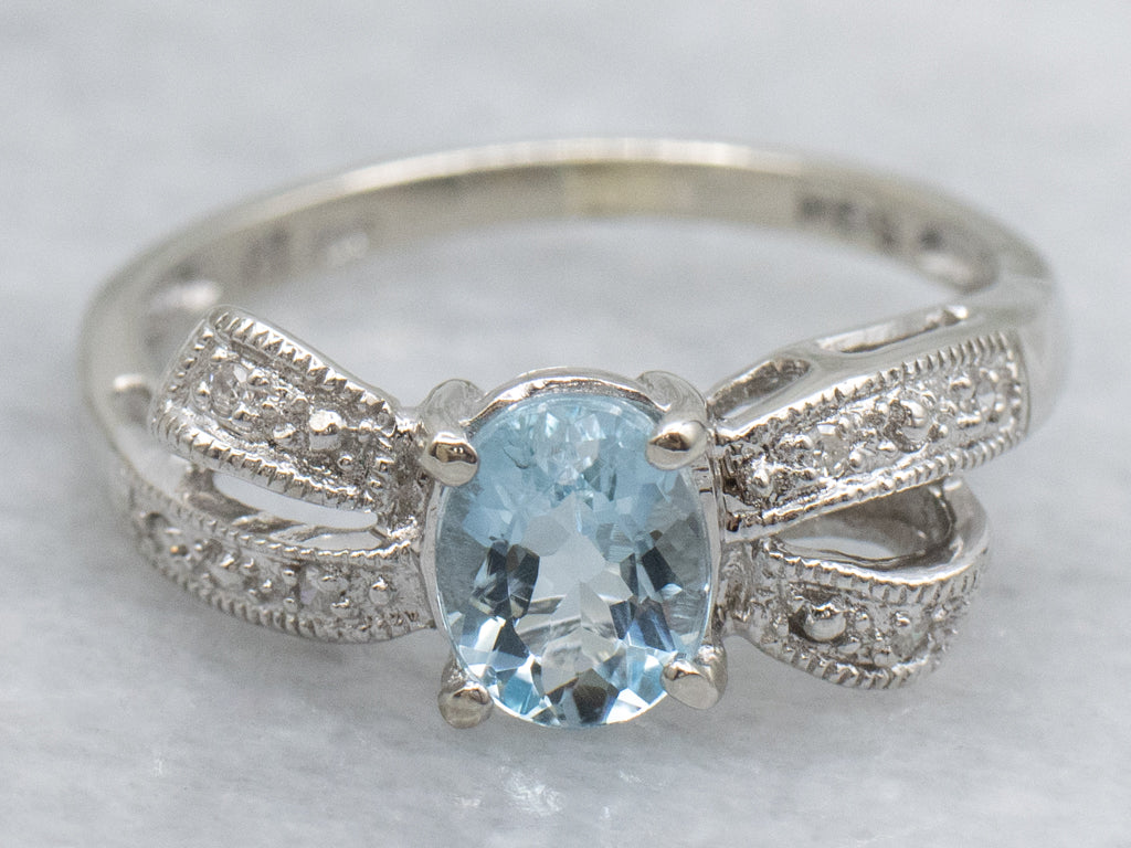 Aquamarine and Diamond White Gold Ribbon Ring