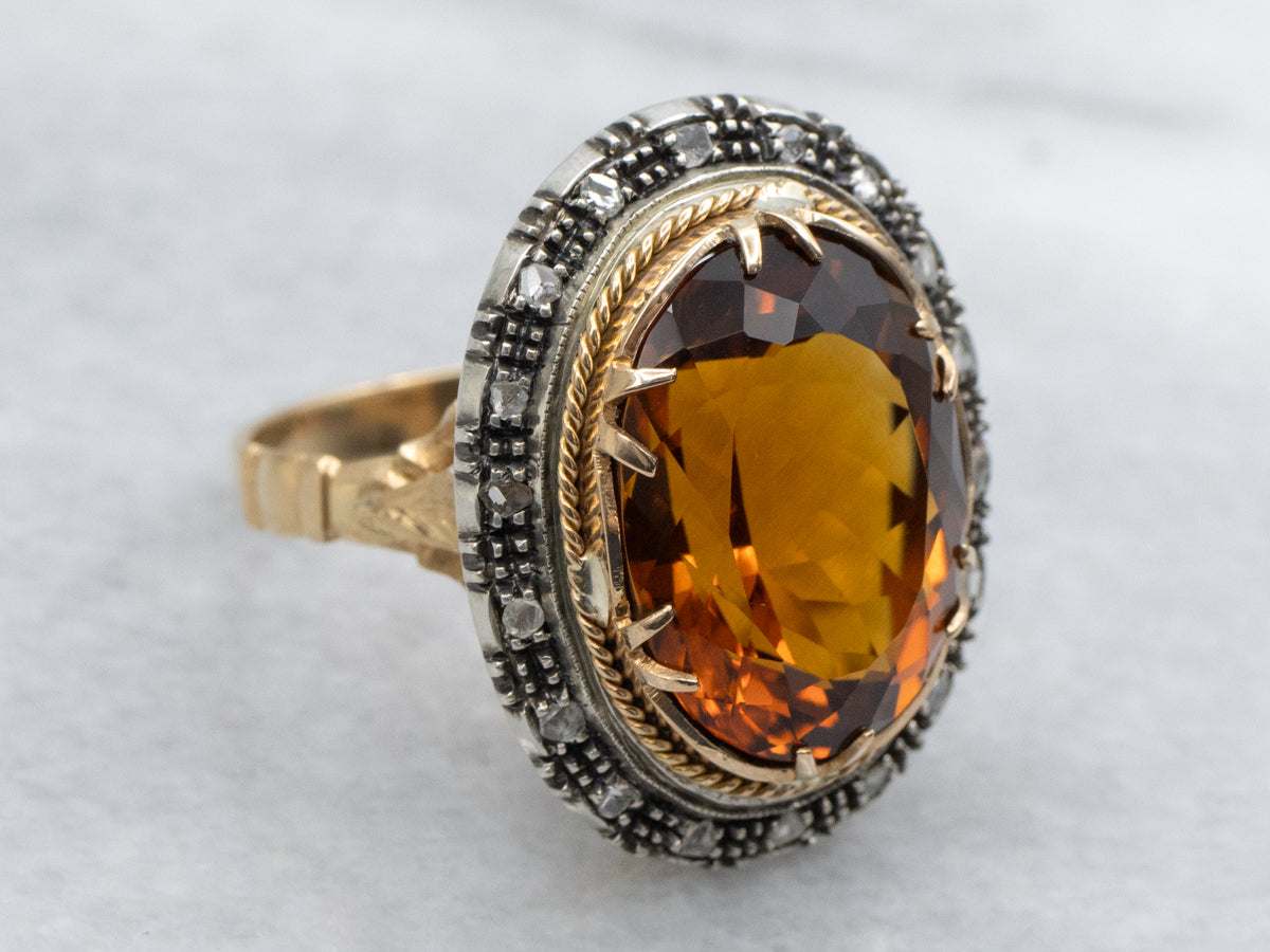 Vintage Citrine and Rose Cut Diamond Halo Ring with Engraved Details