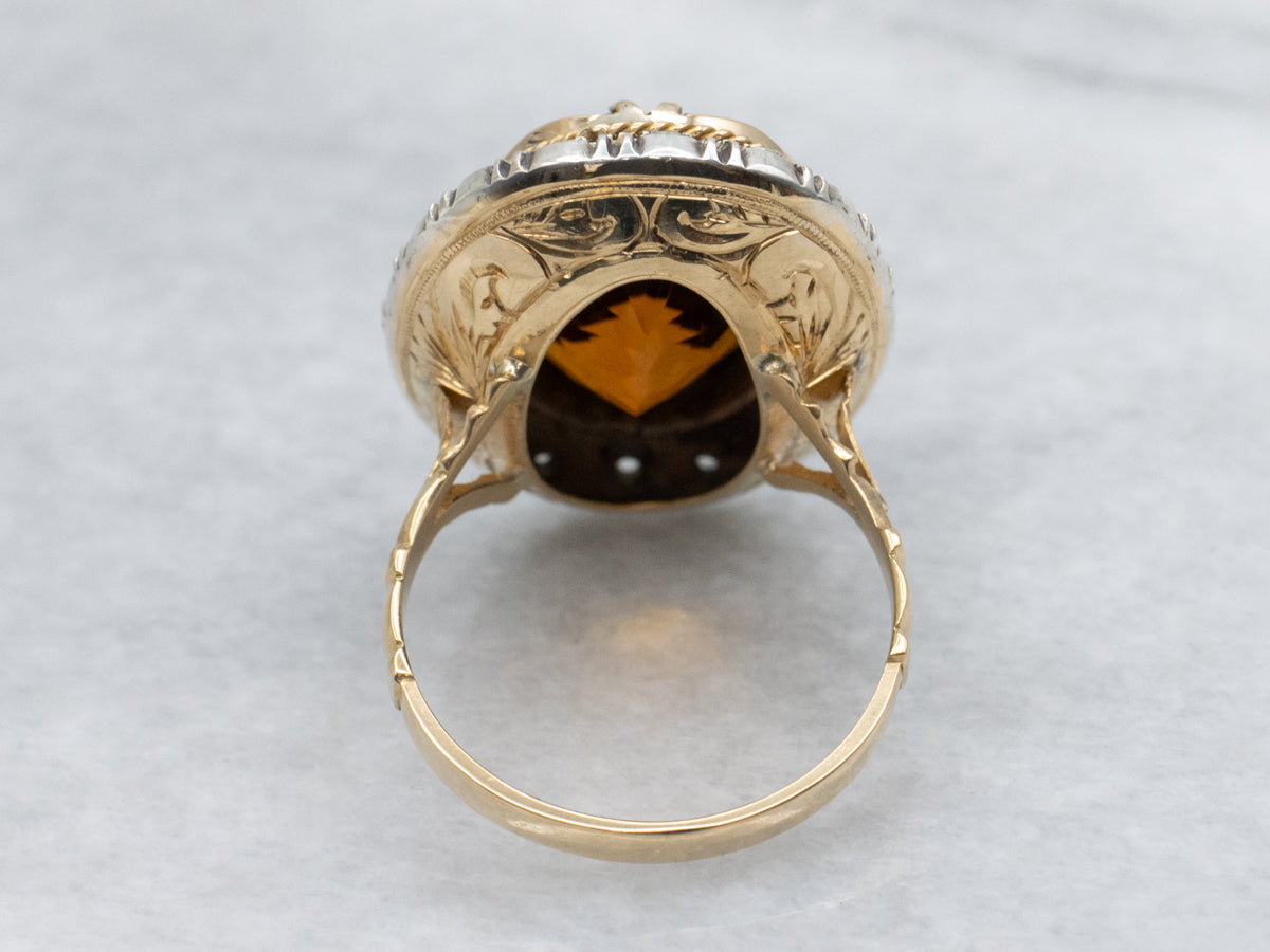 Vintage Citrine and Rose Cut Diamond Halo Ring with Engraved Details