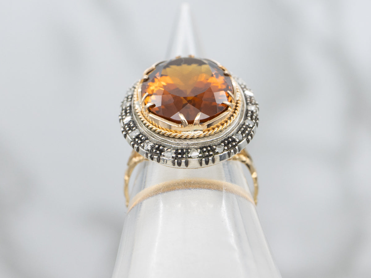 Vintage Citrine and Rose Cut Diamond Halo Ring with Engraved Details