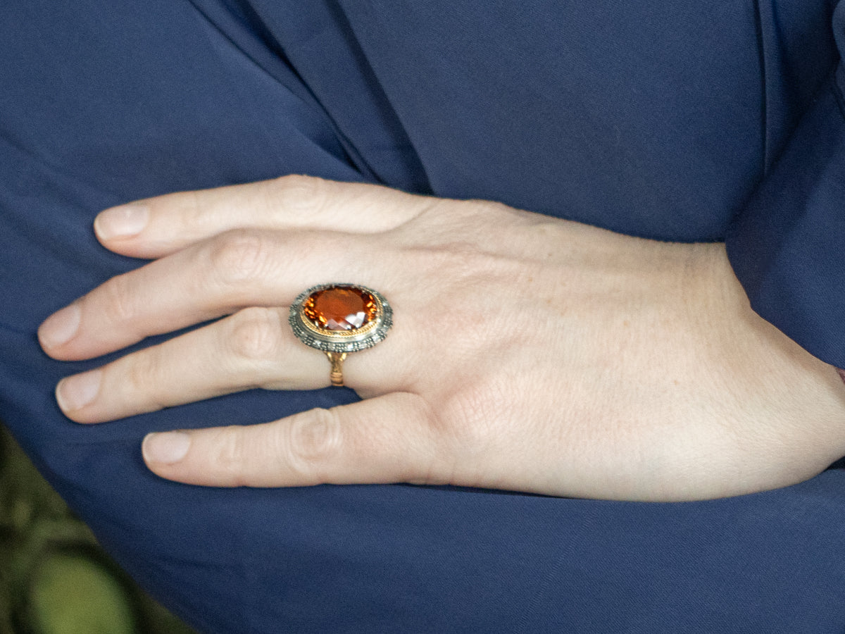 Vintage Citrine and Rose Cut Diamond Halo Ring with Engraved Details