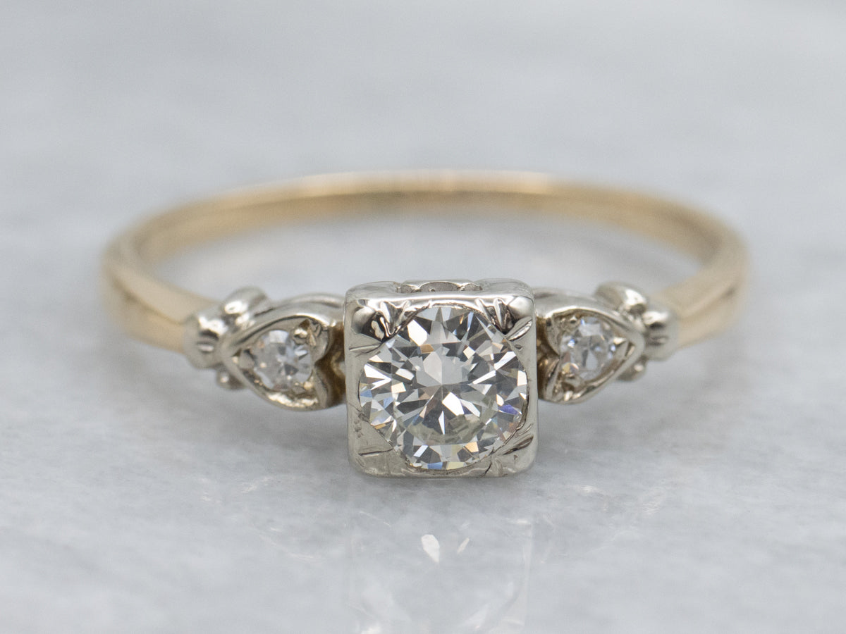Retro 1950s Diamond Engagement Ring with Sweetheart Diamond Details