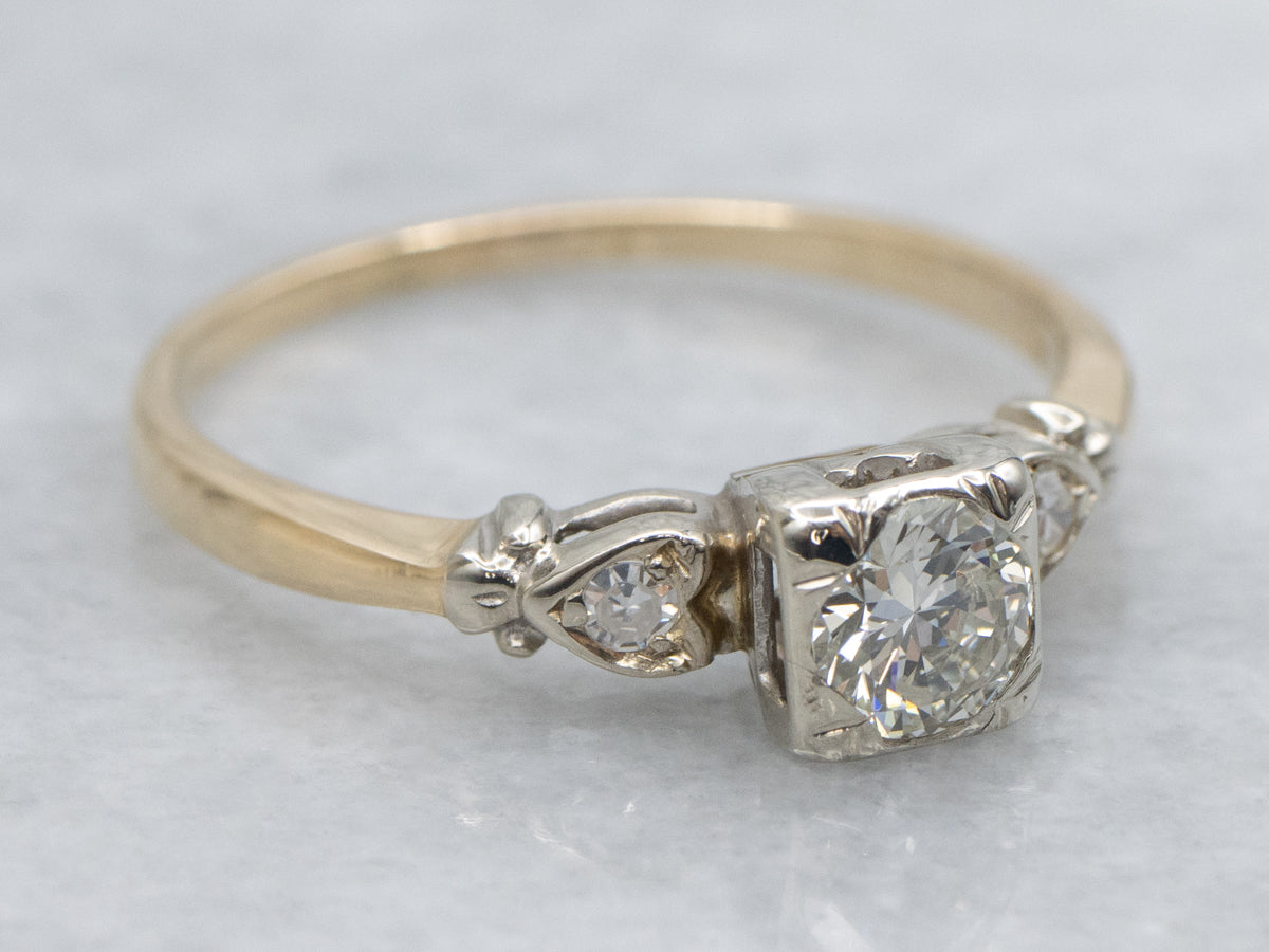 Retro 1950s Diamond Engagement Ring with Sweetheart Diamond Details