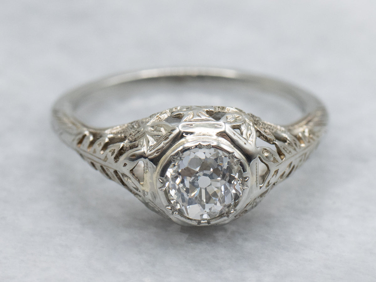 Old Mine Cut Diamond and Floral Filigree 1920s Engagement Ring