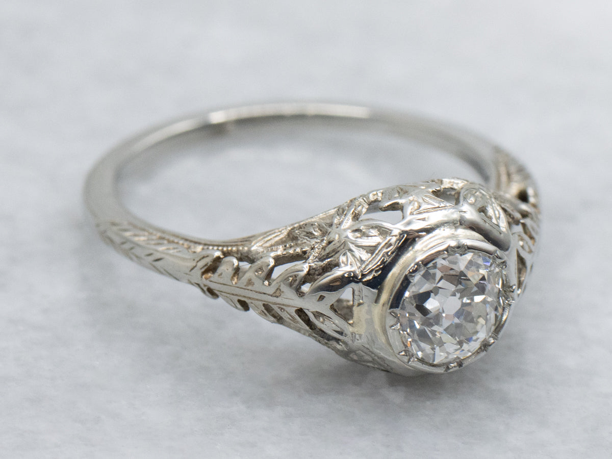 Old Mine Cut Diamond and Floral Filigree 1920s Engagement Ring