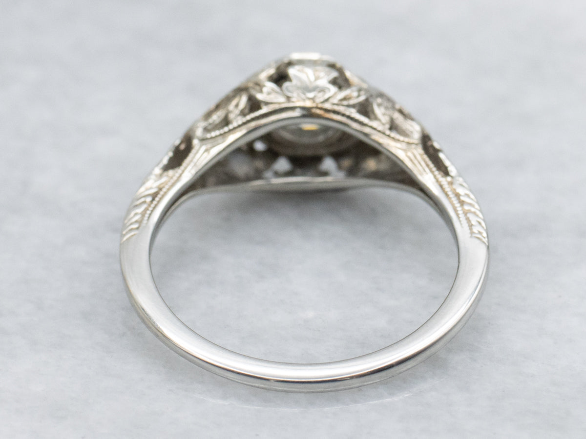 Old Mine Cut Diamond and Floral Filigree 1920s Engagement Ring