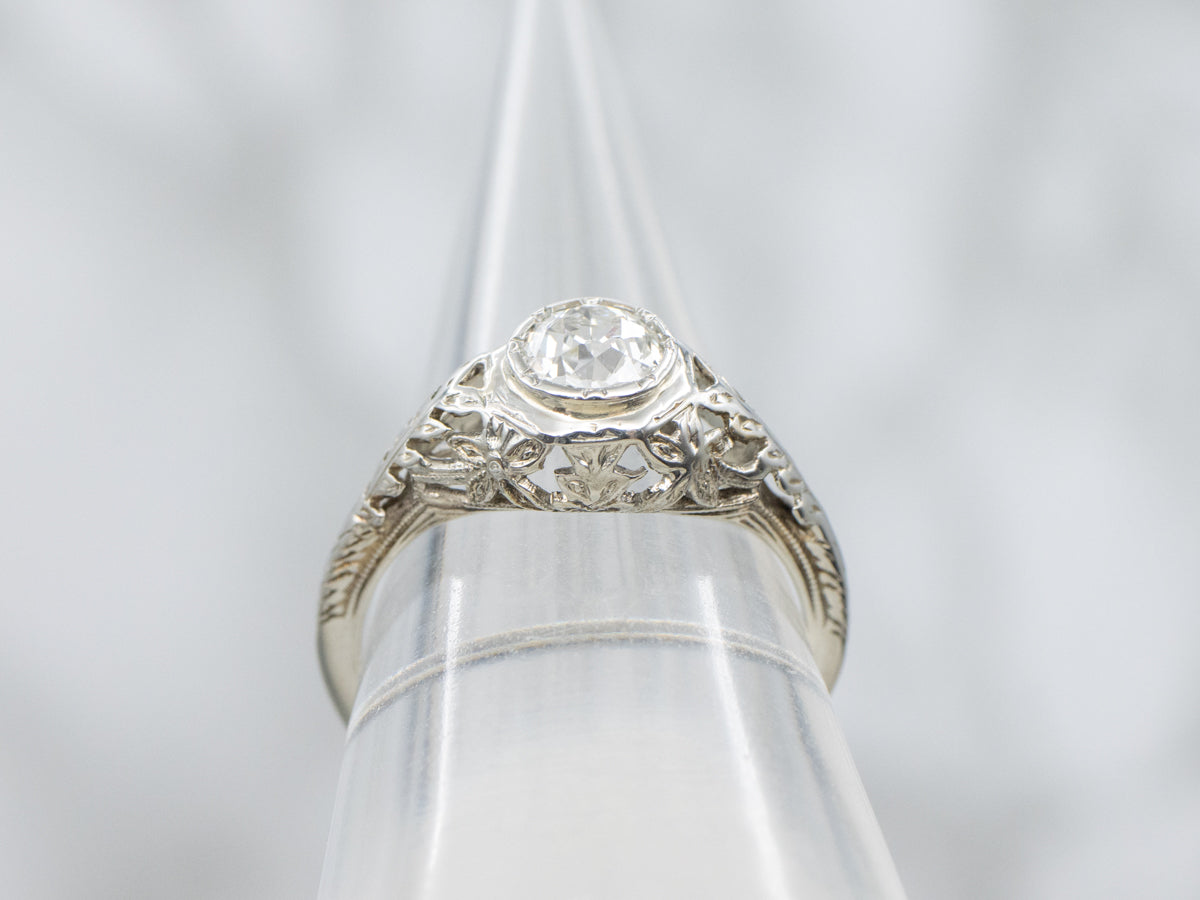 Old Mine Cut Diamond and Floral Filigree 1920s Engagement Ring