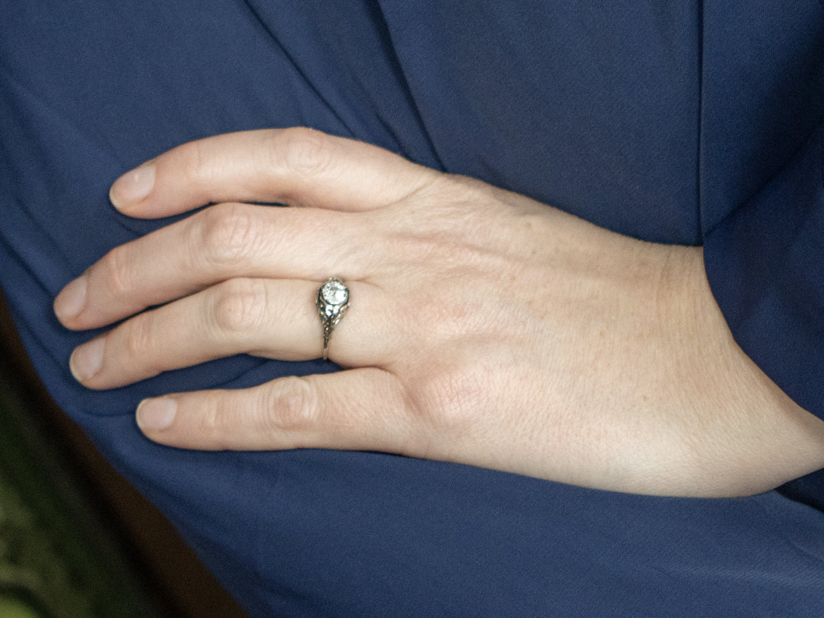 Old Mine Cut Diamond and Floral Filigree 1920s Engagement Ring