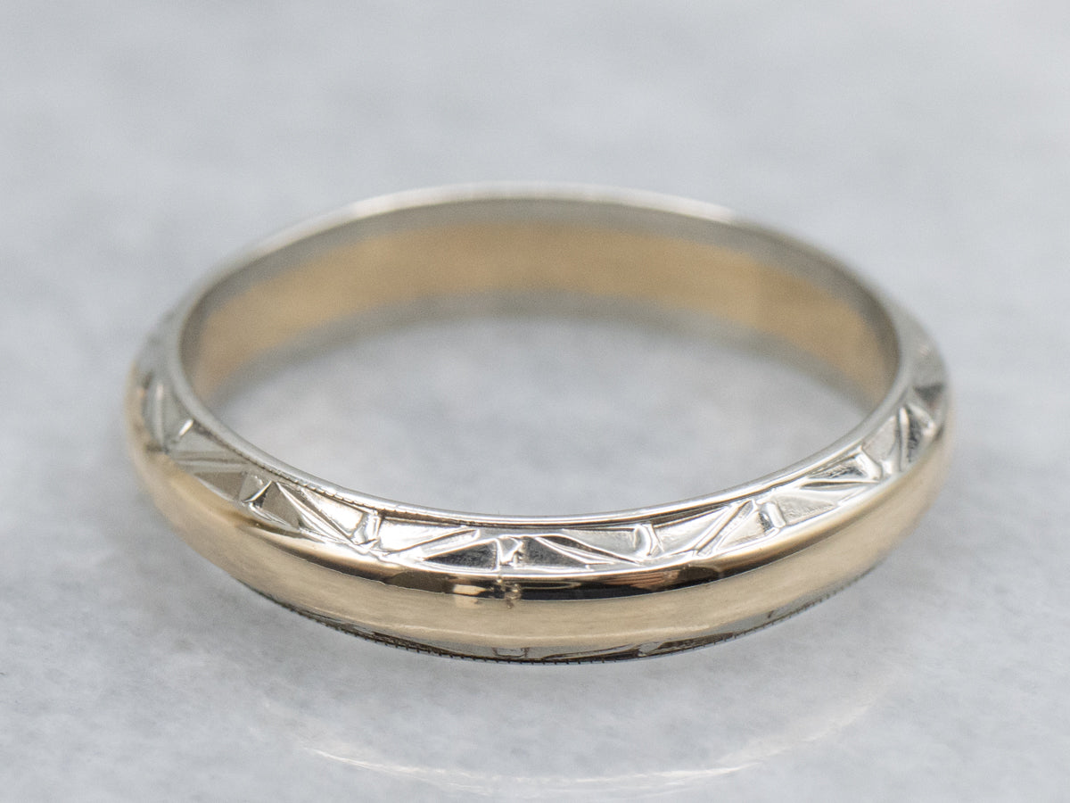 Vintage Yellow Gold Band with White Gold Patterned Edge
