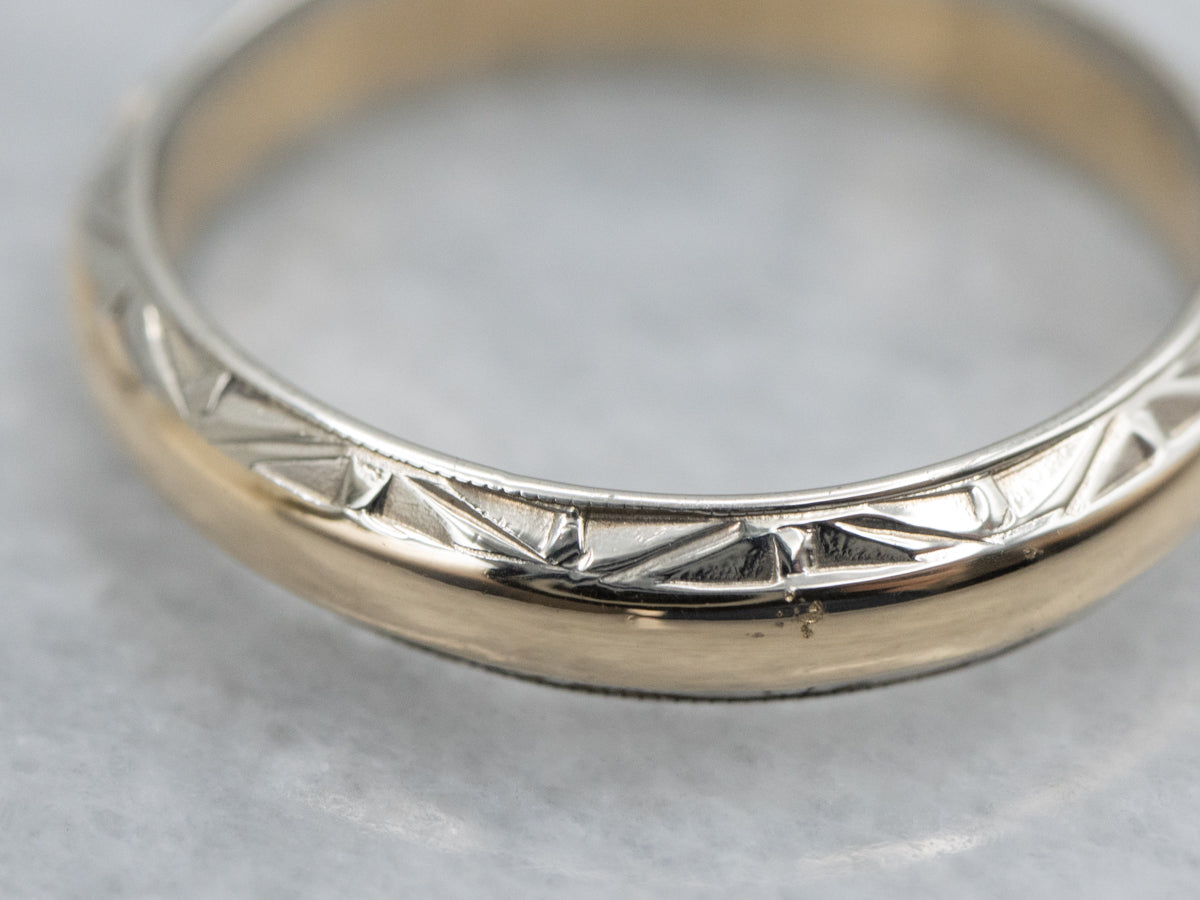 Vintage Yellow Gold Band with White Gold Patterned Edge