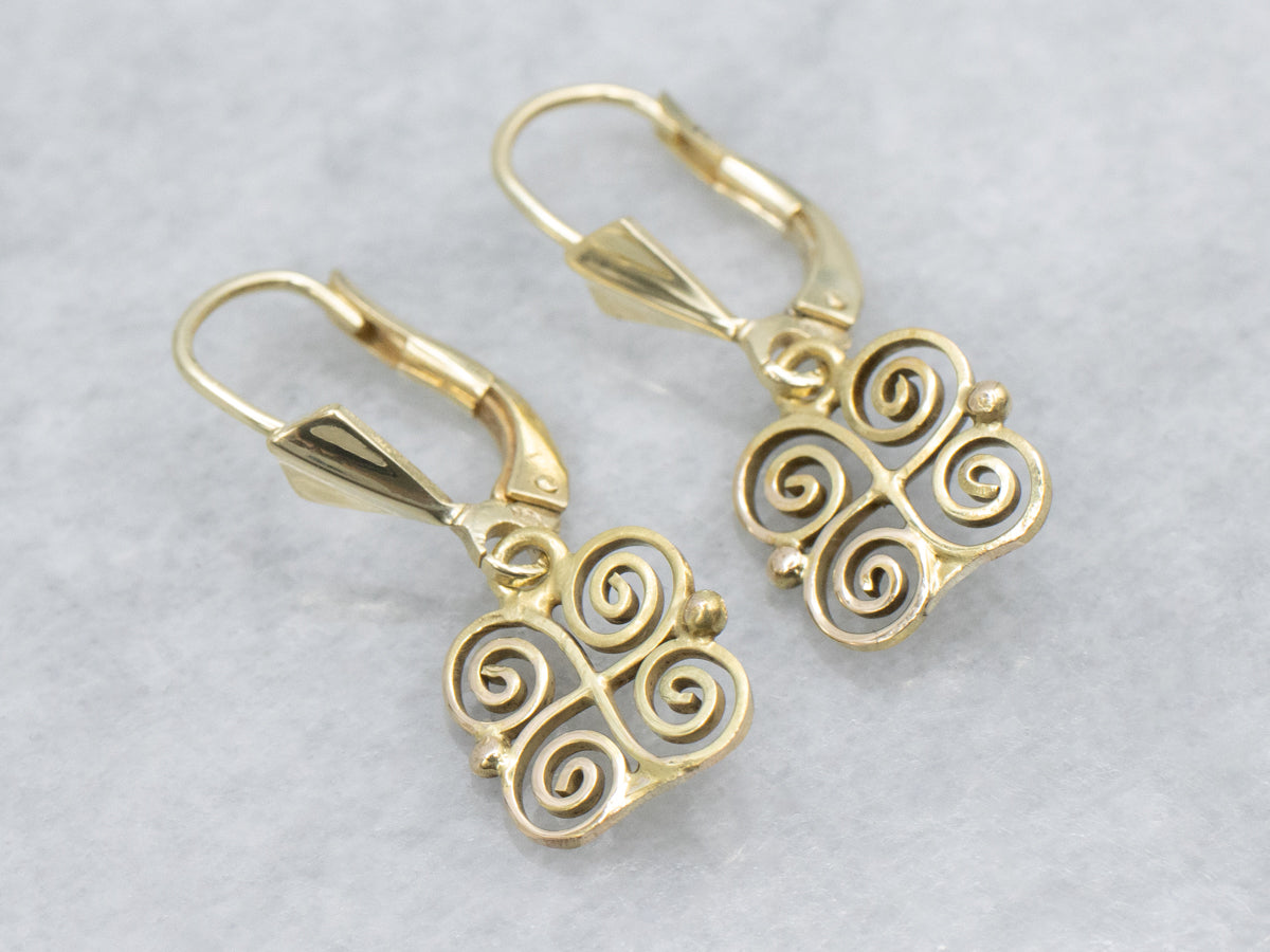 Scrolling Gold Pinwheel Vintage Drop Earrings