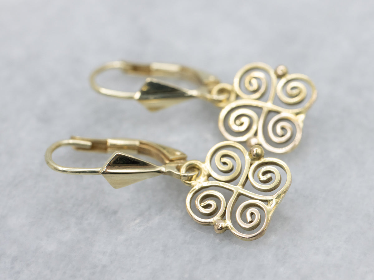 Scrolling Gold Pinwheel Vintage Drop Earrings