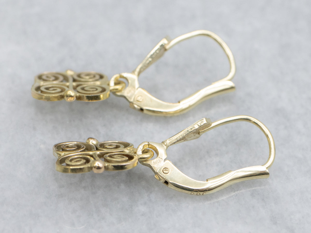 Scrolling Gold Pinwheel Vintage Drop Earrings