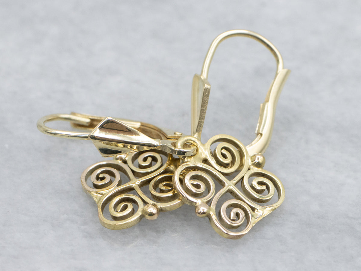 Scrolling Gold Pinwheel Vintage Drop Earrings