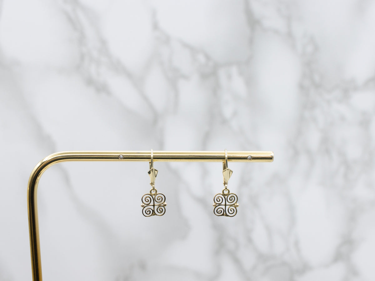 Scrolling Gold Pinwheel Vintage Drop Earrings