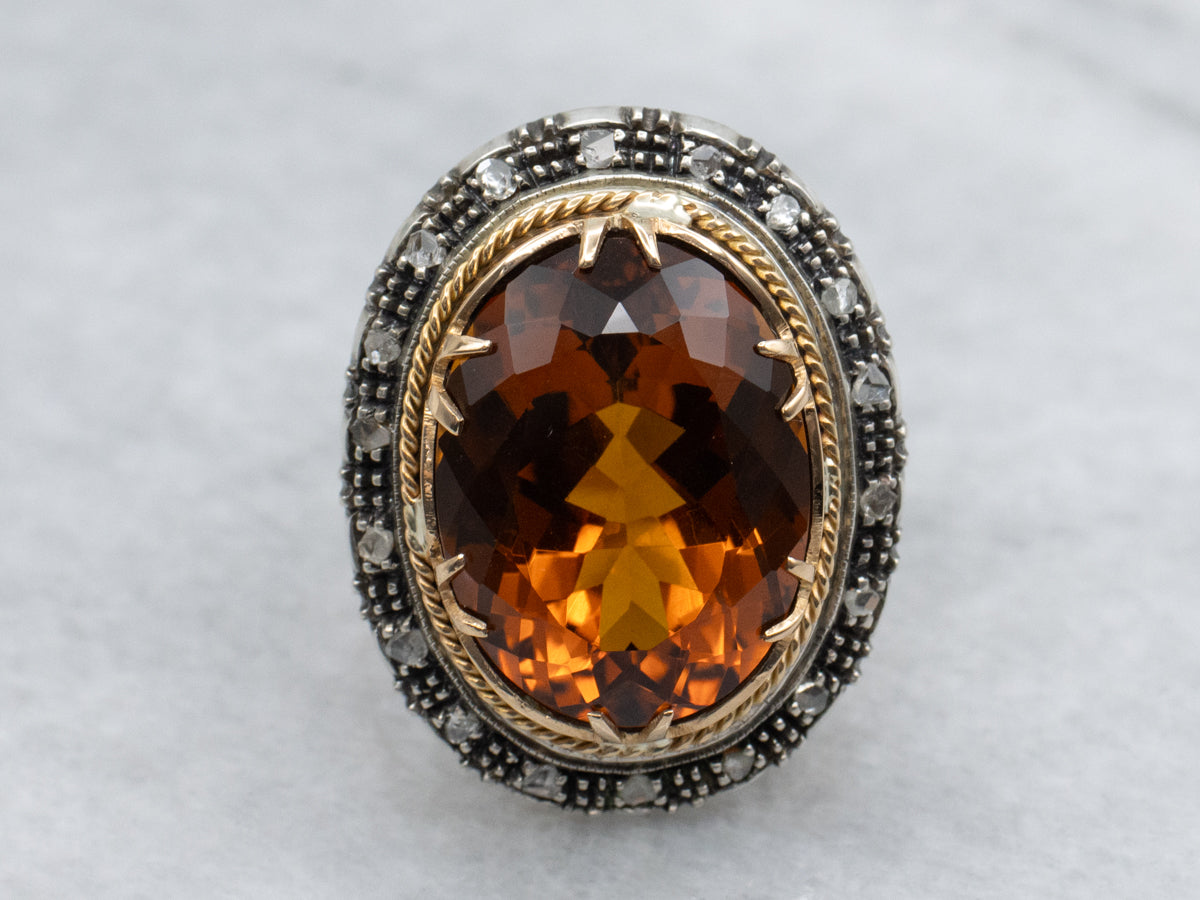 Vintage Citrine and Rose Cut Diamond Halo Ring with Engraved Details
