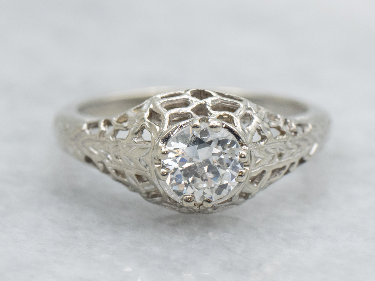 Old Mine Cut Diamond Art Deco Filigree Engagement Ring