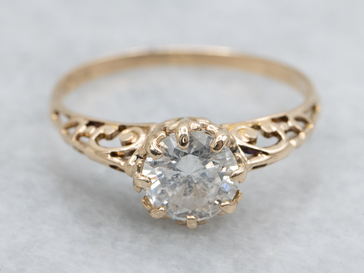 Scrolling Antique Gold Filigree Diamond Solitaire Engagement Ring