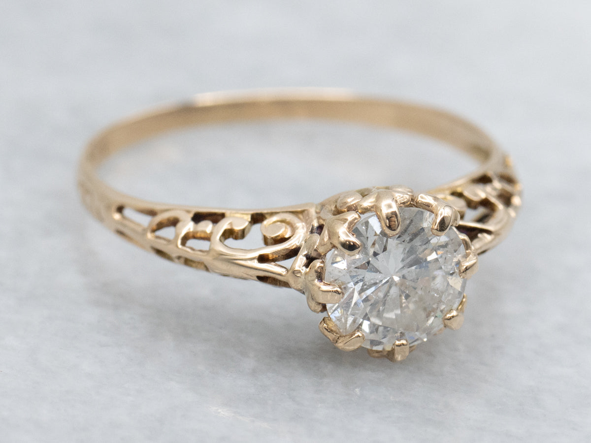 Scrolling Antique Gold Filigree Diamond Solitaire Engagement Ring