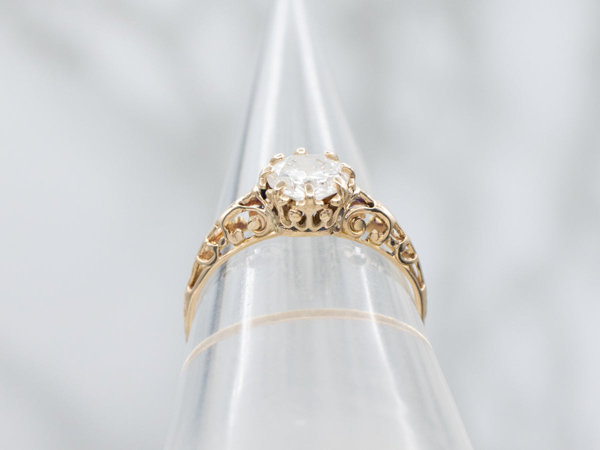 Scrolling Antique Gold Filigree Diamond Solitaire Engagement Ring