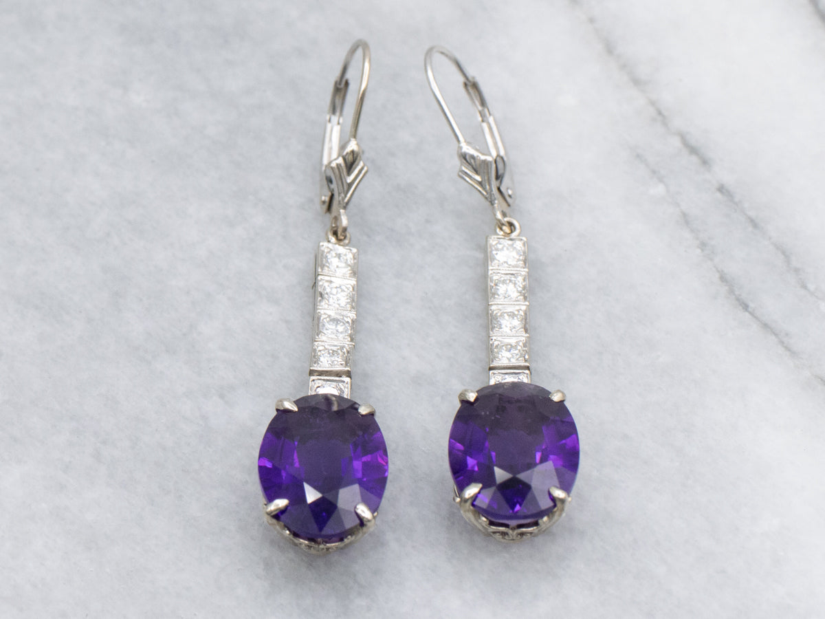 Amethyst and Diamond Bar White Gold Drop Earrings