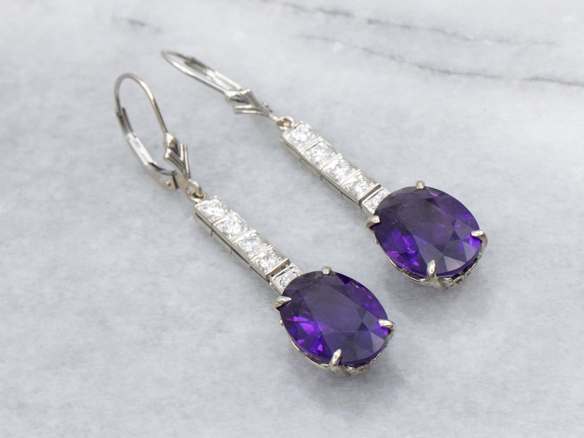 Amethyst and Diamond Bar White Gold Drop Earrings