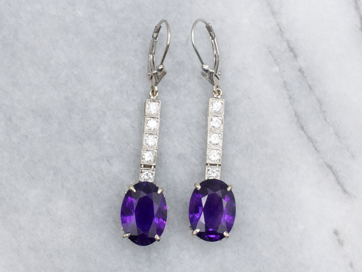 Amethyst and Diamond Bar White Gold Drop Earrings