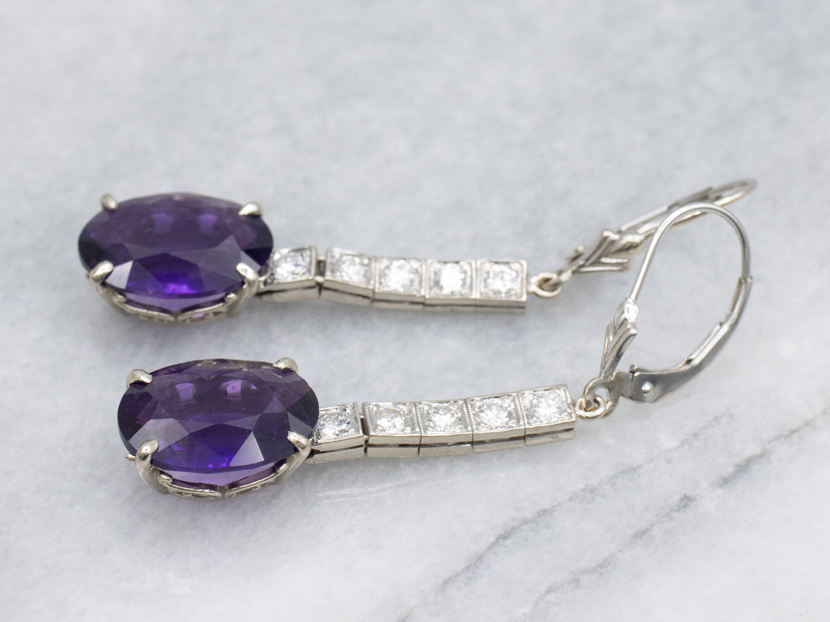Amethyst and Diamond Bar White Gold Drop Earrings