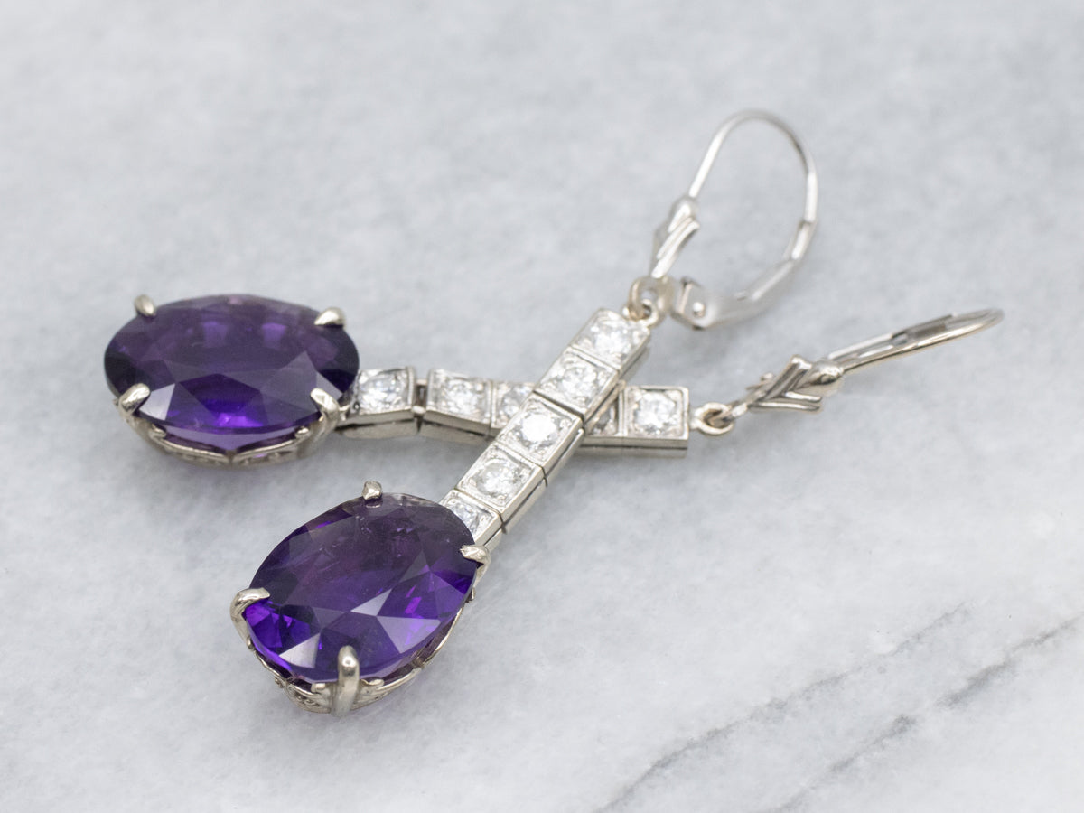 Amethyst and Diamond Bar White Gold Drop Earrings