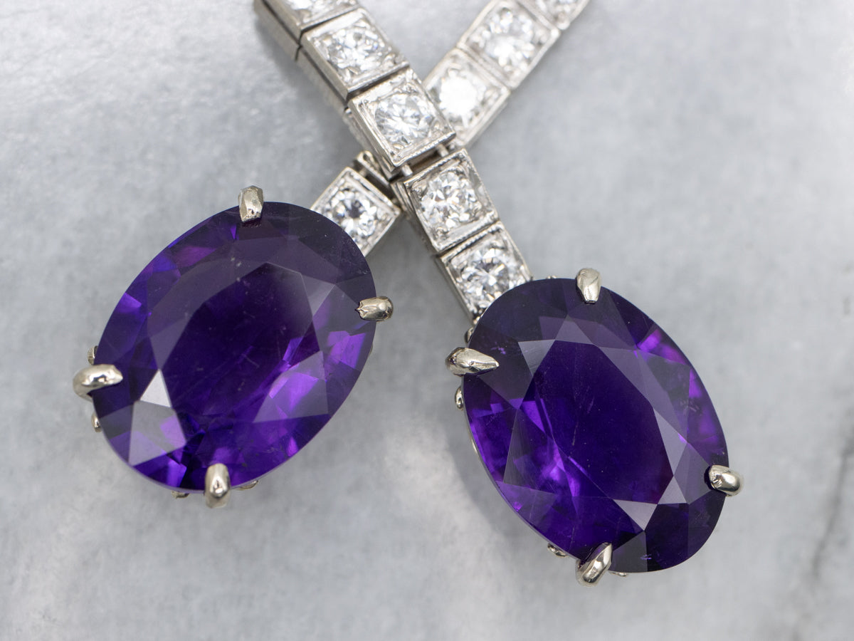 Amethyst and Diamond Bar White Gold Drop Earrings
