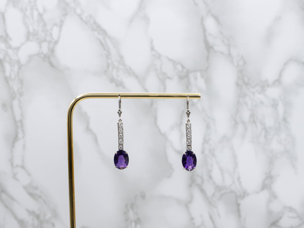 Amethyst and Diamond Bar White Gold Drop Earrings