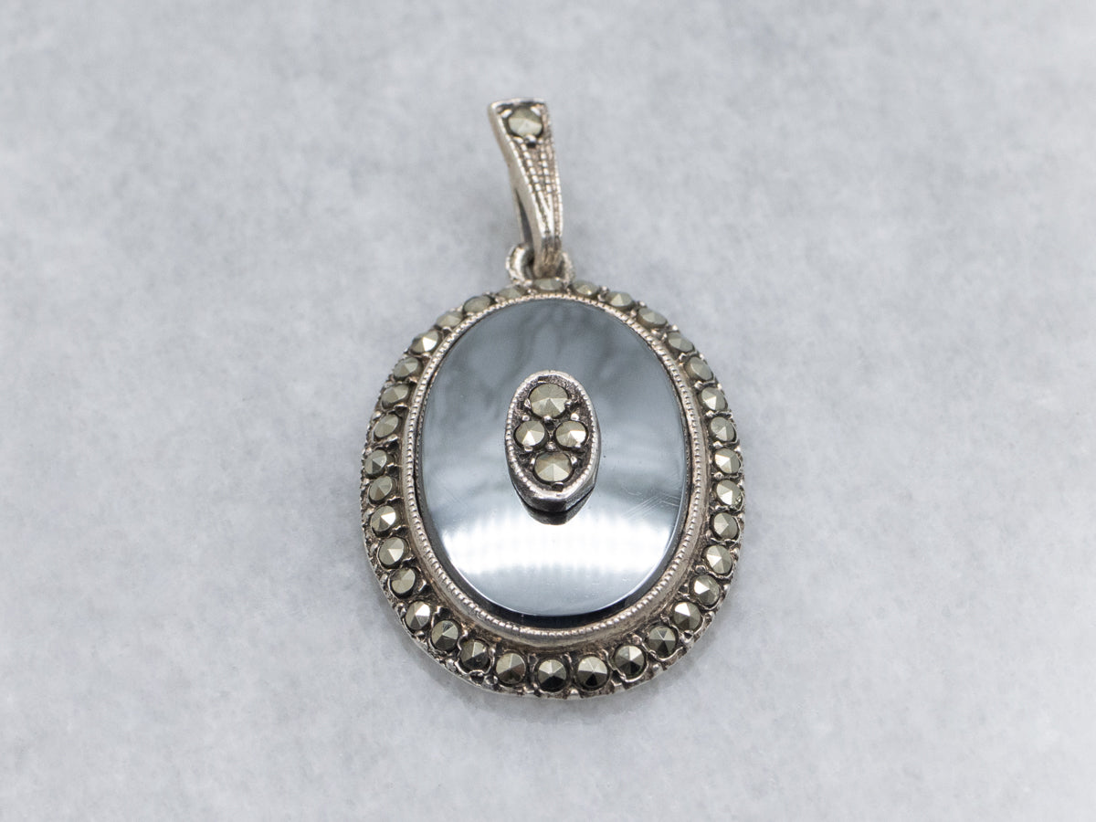 Antique Sterling Silver Hematite with Marcasite Center Halo Pendant
