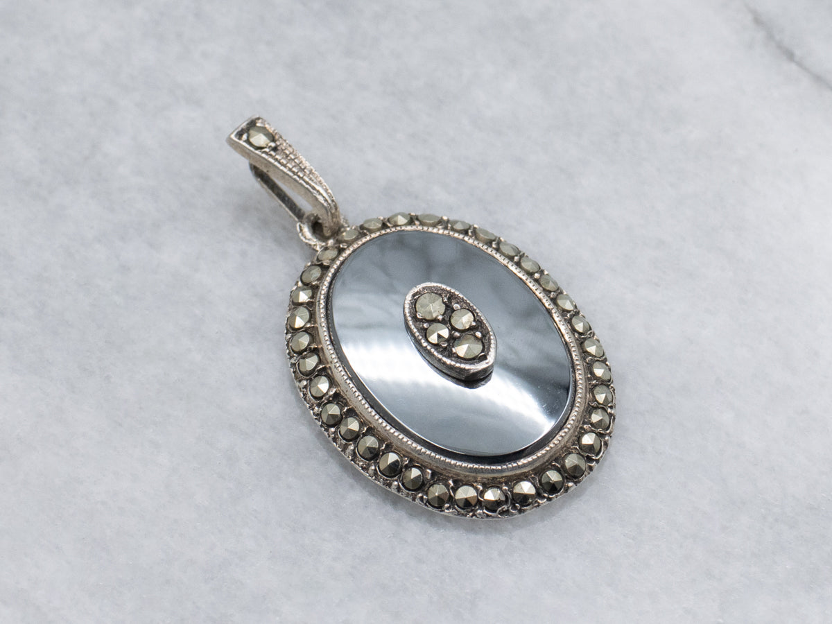 Antique Sterling Silver Hematite with Marcasite Center Halo Pendant