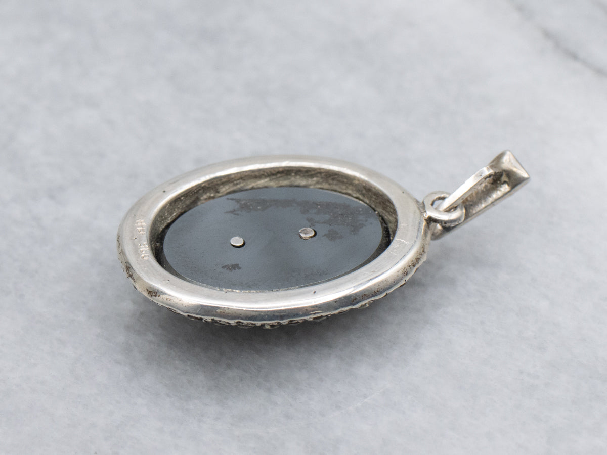 Antique Sterling Silver Hematite with Marcasite Center Halo Pendant