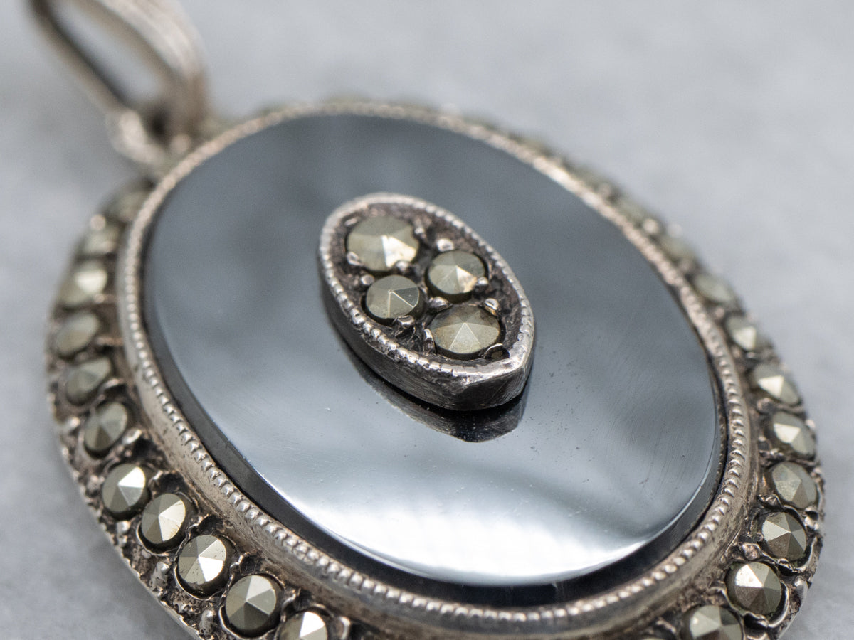 Antique Sterling Silver Hematite with Marcasite Center Halo Pendant