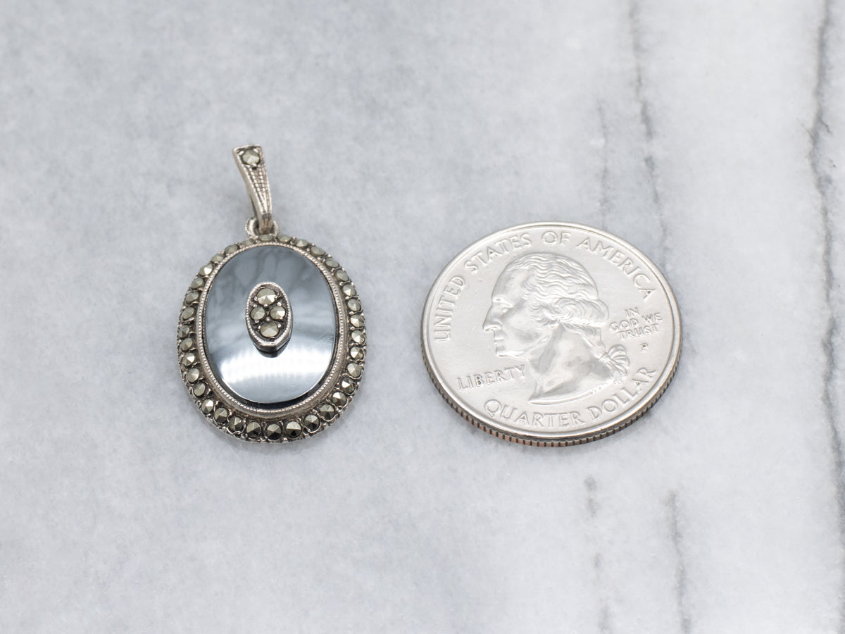 Antique Sterling Silver Hematite with Marcasite Center Halo Pendant