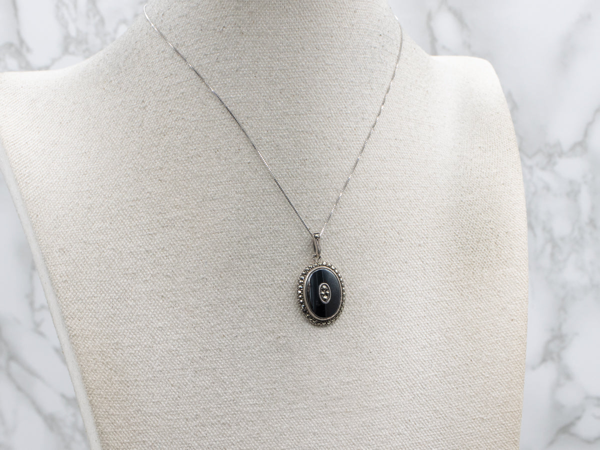 Antique Sterling Silver Hematite with Marcasite Center Halo Pendant